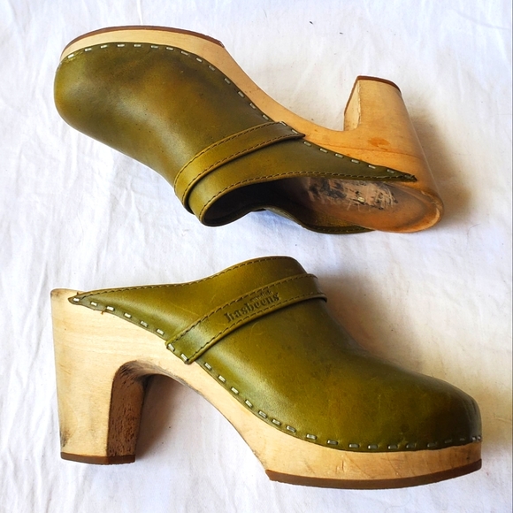Swedish Hasbeens Women's High Heel Wood Leather Clogs Green Size EU 36/ US 6 - Picture 5 of 15